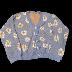 SHEIN Blue and White Daisy Cardigan Sweater